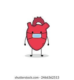 Cute human organ heart wearing a medical mask doodle