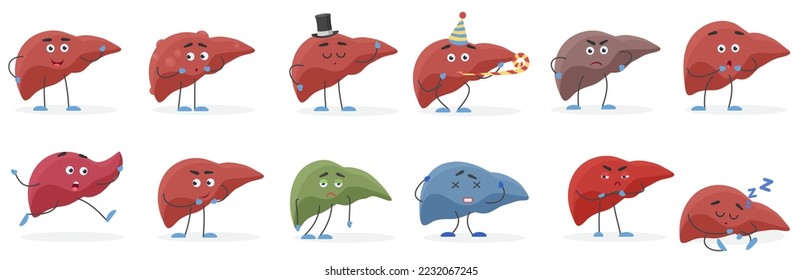 Cute human organ liver cartoon character positive and negative emotions organs set vector illustration.