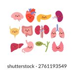 Cute human organs cartoon set. Vector brain, heart, lungs, kidneys, liver, stomach, with happy faces.