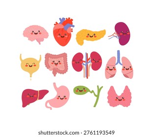 Cute human organs cartoon set. Vector brain, heart, lungs, kidneys, liver, stomach, with happy faces.