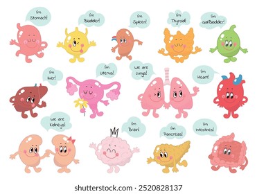 Cute human organs. Different cartoon internal organ with faces and emotions. Childish medical info characters, funny mascots nowaday vector set