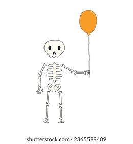 Cute human skeleton with balloon Halloween cartoon character illustration. Hand drawn kawaii style line art design, isolated vector. Kids seasonal print element, trick or treat, autumn holiday party