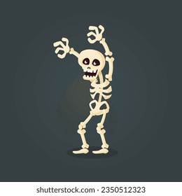 A cute human skeleton Standing in Pose of a Scaring. Black background. Halloween cartoon vector illustration