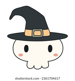 Cute human skull hand drawn Halloween illustration. Cartoon style line art design, isolated vector. Kids seasonal print, autumn holiday, trick or treat, costume party element, decoration