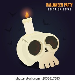 Cute Human Skull, Skeleton Head For The Holiday Halloween, Poster, Template, Text, Party, Happy, Vector Illustration.