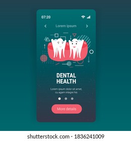 cute human teeth characters dental health dentistry concept smartphone screen mobile app copy space vector illustration