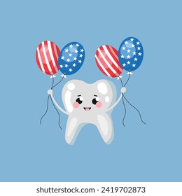 Cute human tooth with balloons in colors of USA flag on blue bac