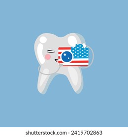 Cute human tooth with photo camera in colors of USA flag on blue