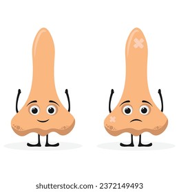 Cute human unhealthy sick nose disease organ character. Vector flat line cartoon kawaii character illustration icon. Isolated on white background. Nose mascot concept