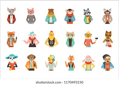 Cute humanized animals in fashion clothes set of vector Illustrations