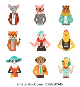 Cute Humanized Animals In Fashion Clothes Set Of Vector Illustrations