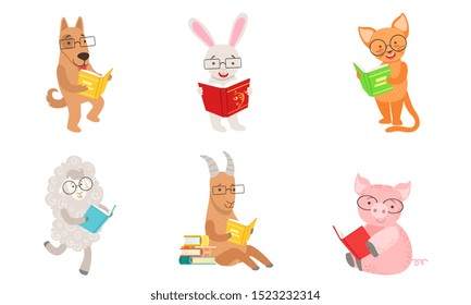 Cute humanized animals read books. Vector illustration.