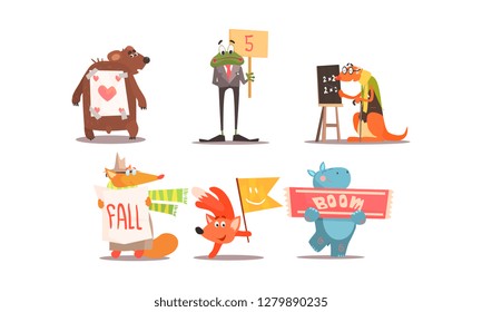 Cute humanized animals set, funny animals with different signs vector Illustration