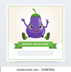 Carácter vegetal de berenjena humanizado, banner de planta de huevo feliz elemento vector plano para sitio web o aplicación móvil
