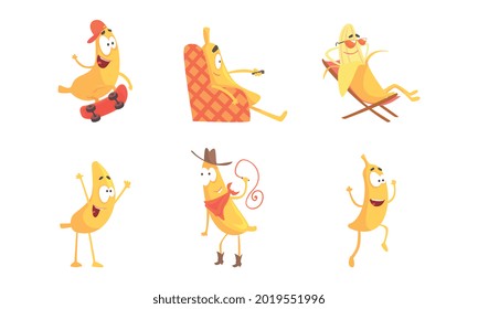 Cute Humanized Banana Character Skateboarding and Sunbathing on Sun Lounger Vector Set