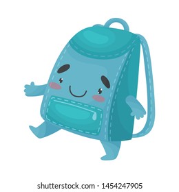 Cute humanized blue schoolbag. Vector illustration on white background.