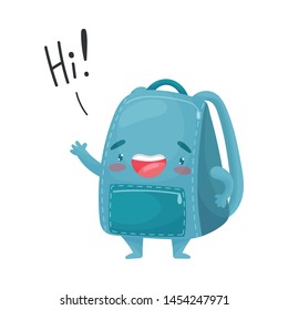 Cute humanized blue schoolbag waving his hand. Vector illustration on white background.