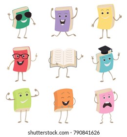 Cute Humanized Books Characters Representing Different Types Of Literature, Kids And School. Set of funny book characters, mascots, cartoon