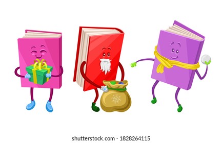 Cute Humanized Books in Hard Cover Playing Snowballs and Holding Gift Box Vector Set