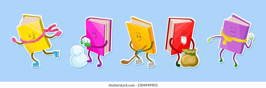 Cute Humanized Books in Hard Cover Playing Snowballs and Building Snowman Vector Set