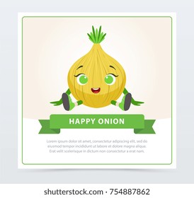Cute humanized bulb vegetable character, happy onion banner flat vector element for website or mobile app
