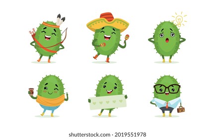 Cute Humanized Cactus Character in Business Suit with Briefcase and Playing Indian Vector Set