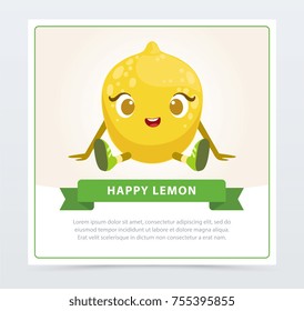 Cute humanized citrus fruit character, happy lemon banner flat vector element for website or mobile app