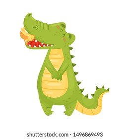 Cute humanized crocodile with a yellow bird. Vector illustration on a white background.