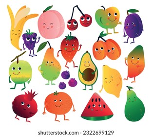 Cute-humanisierte Frucht mit lächelndem Gesicht Big Vector Set