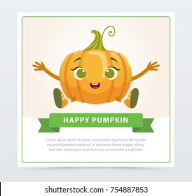 Cute humanized gourd vegetable character , happy pumpkin banner flat vector element for website or mobile app