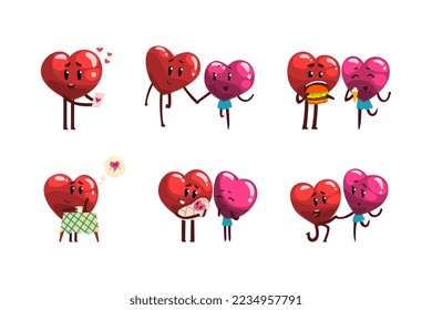 Cute Humanized Heart Character Having Romantic Relationship and Dating Vector Set