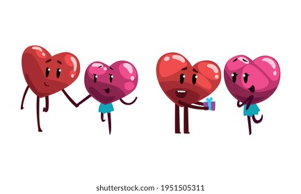 Cute Humanized Heart Character Holding Hands and Giving Gift Box Vector Set