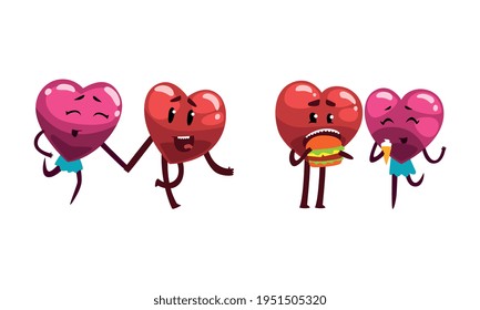 Cute Humanized Heart Character Holding Hands and Eating Fast Food Vector Set