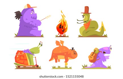 Cute humanized monsters go camping. Vector illustration.
