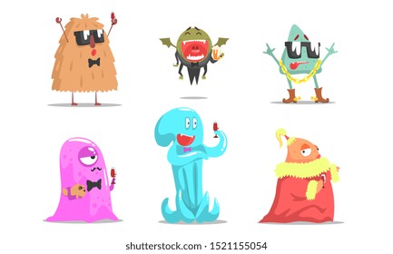 Cute humanized monsters are resting. Vector illustration.