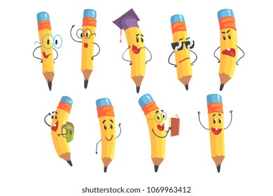 Set Cute Pencil Characters Vector Illustration Stock Vector (Royalty ...