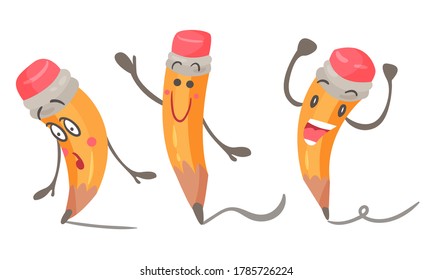 Cute Humanized Pencil Character With Arms And Face Vector Set
