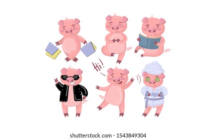 Cute humanized pink pig in different situations. Vector illustration.