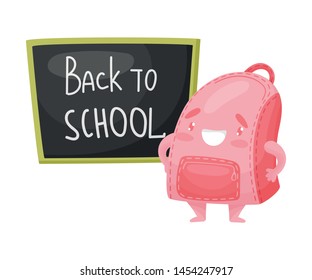 Cute humanized pink school bag stands near the school board. Vector illustration on white background.