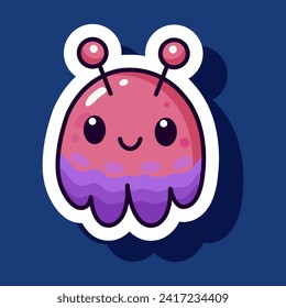 Cute humanoide Seite einzeln auf blauem Hintergrund. Pink Alien Quallen-Charakter. Aufkleber für kosmische Kinder mit Cartoon. Außerirdische im Weltraum. Label-Stil für Druck. Vektorgrafik