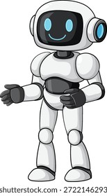 Ilustração robô humanoide bonito, corpo branco e preto, sotaques azuis, expressão alegre, fundo simples