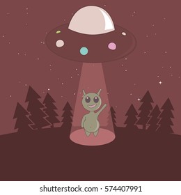 Cute humanoid touchdown to Earth from UFO in the forest.Cartoon childish vector illustration.