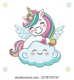 Cute humble unicorn with horn and wings hugs cloud on white background. Vector illustration in flat cartoon style