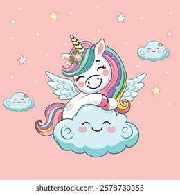 Cute humble unicorn with horn and wings hugs cloud. Poster, Banner, Flyer, Greeting Card. Vector illustration in flat cartoon style