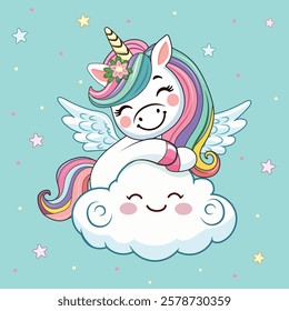 Cute humble unicorn with horn and wings hugs cloud. Poster, Banner, Flyer, Greeting Card. Vector illustration in flat cartoon style
