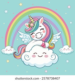 Cute humble unicorn with horn and wings hugs cloud. Poster, Banner, Flyer, Greeting Card. Vector illustration in flat cartoon style