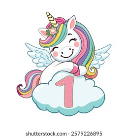 Cute humble unicorn with horn and wings hugs cloud with number 1 on white background. Poster, Banner, Flyer, Greeting Card. Vector illustration in flat cartoon style