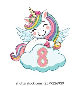 Cute humble unicorn with horn and wings hugs cloud with number 8 on white background. Poster, Banner, Flyer, Greeting Card. Vector illustration in flat cartoon style