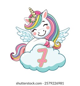 Cute humble unicorn with horn and wings hugs cloud with number 7 on white background. Poster, Banner, Flyer, Greeting Card. Vector illustration in flat cartoon style