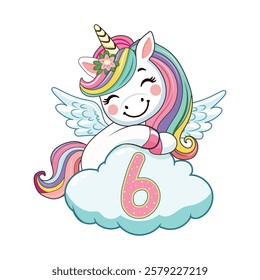 Cute humble unicorn with horn and wings hugs cloud with number 6 on white background. Poster, Banner, Flyer, Greeting Card. Vector illustration in flat cartoon style